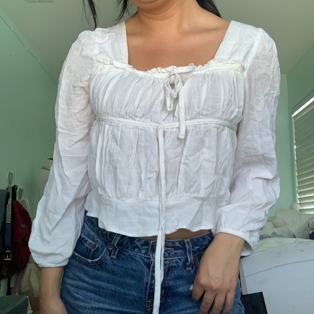 White Ruffle Linen Korean Peasant Blouse